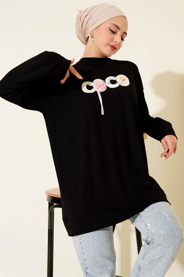 Loyşa Coco Text Decorated Tunic Black