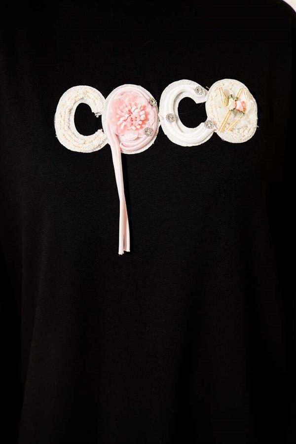 Loyşa Coco Text Decorated Tunic Black