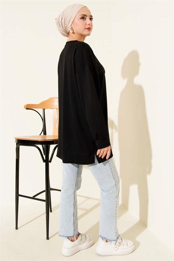 Loyşa Coco Text Decorated Tunic Black