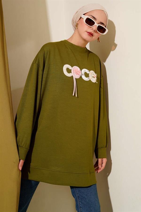 Loyşa Coco Text Decorated Tunic Oil Green