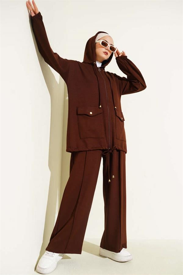 Loyşa Zippered Pocket Hooded 2 Piece Set Bitter Coffee