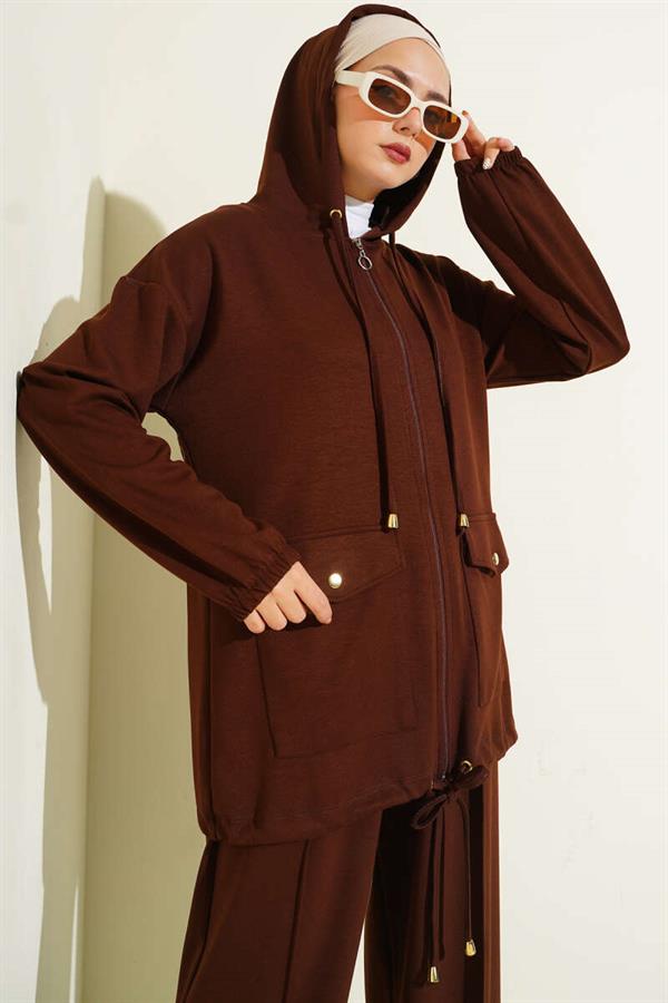 Loyşa Zippered Pocket Hooded 2 Piece Set Bitter Coffee