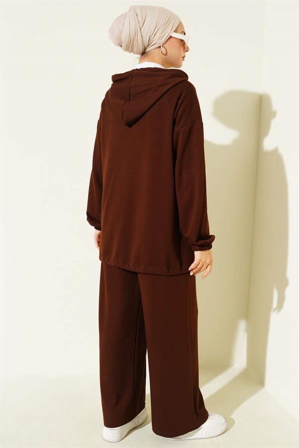 Loyşa Zippered Pocket Hooded 2 Piece Set Bitter Coffee
