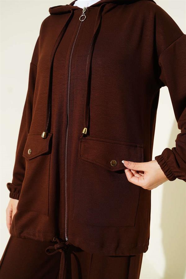 Loyşa Zippered Pocket Hooded 2 Piece Set Bitter Coffee