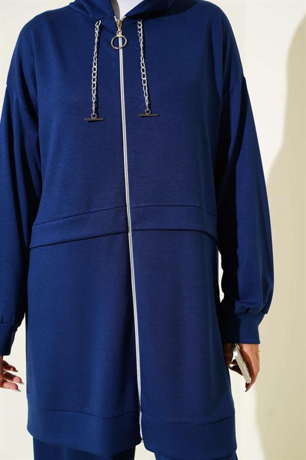 Loyşa Zippered Hooded 2 Piece Set Navy Blue