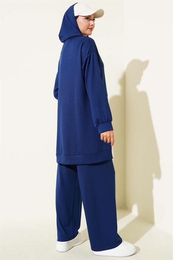 Loyşa Zippered Hooded 2 Piece Set Navy Blue