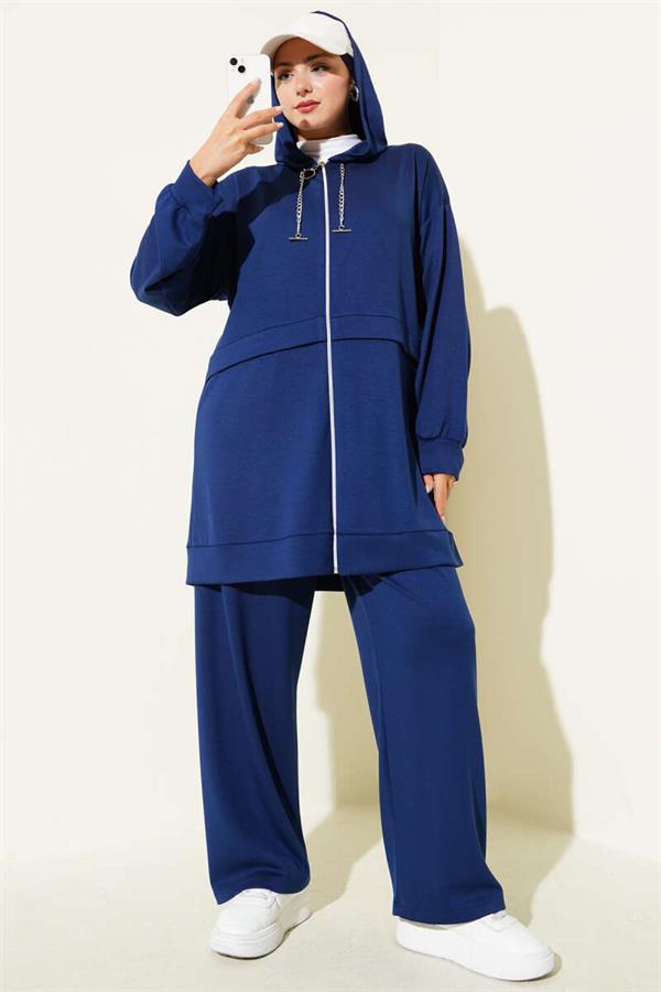 Loyşa Zippered Hooded 2 Piece Set Navy Blue