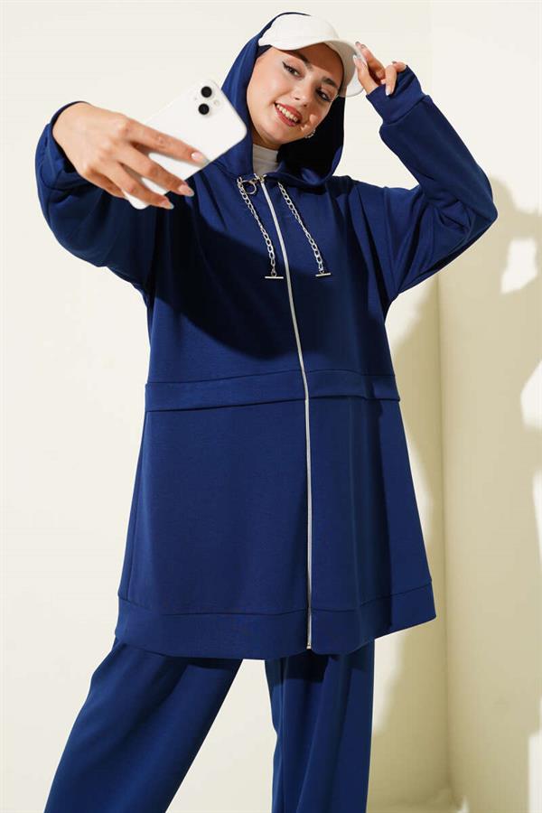 Loyşa Zippered Hooded 2 Piece Set Navy Blue