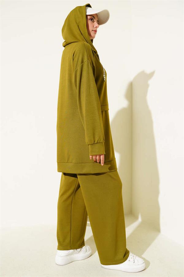 Loyşa Zippered Hooded 2 Piece Set Oil Green