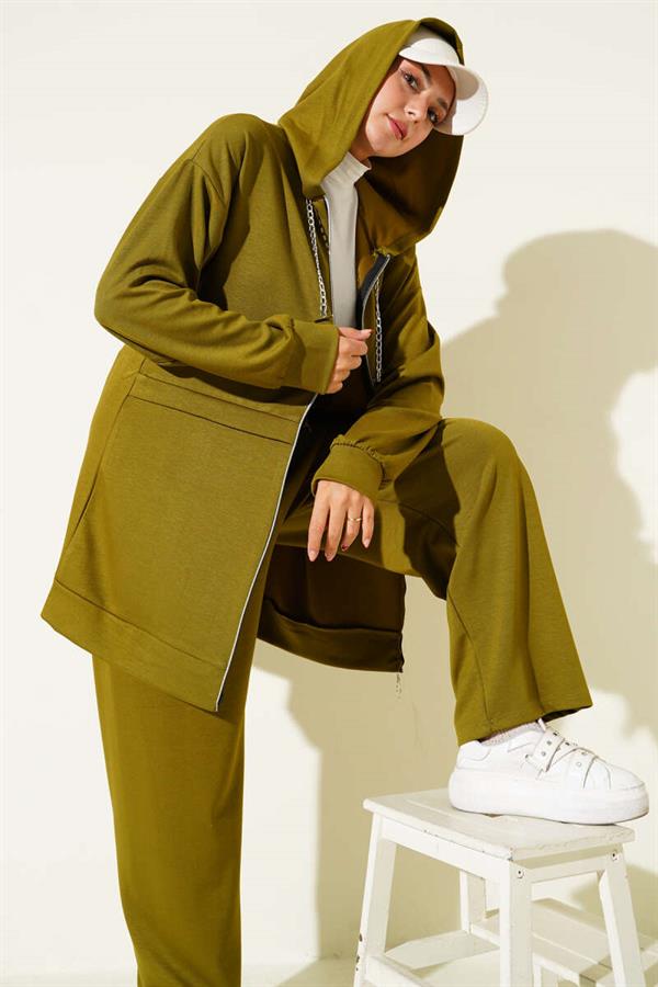 Loyşa Zippered Hooded 2 Piece Set Oil Green