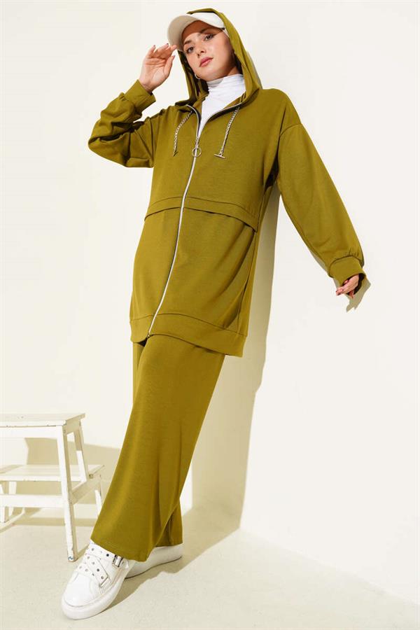 Loyşa Zippered Hooded 2 Piece Set Oil Green