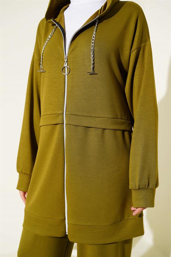 Loyşa Zippered Hooded 2 Piece Set Oil Green