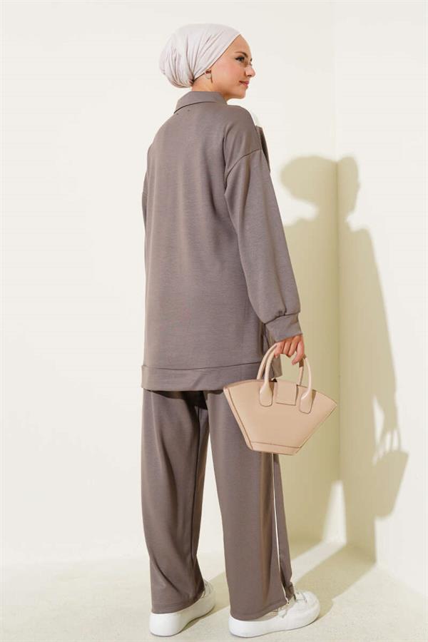 Loyşa Zippered V-Striped 2 Piece Set Mink