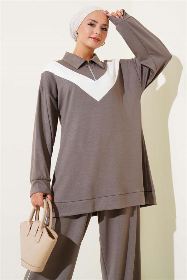 Loyşa Zippered V-Striped 2 Piece Set Mink