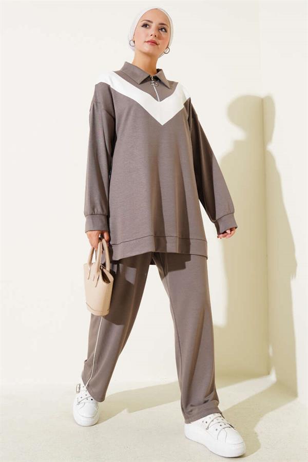 Loyşa Zippered V-Striped 2 Piece Set Mink