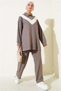 Loyşa Zippered V-Striped 2 Piece Set Mink