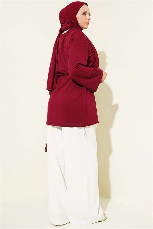 Loysa Wide-Sleeved Tunic with Drawstring Belt, Burgundy