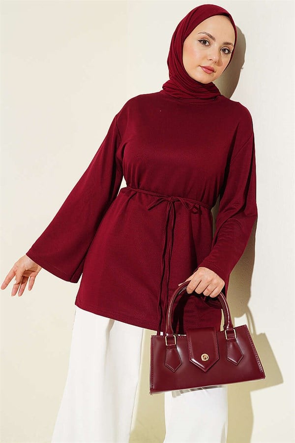Loysa Wide-Sleeved Tunic with Drawstring Belt, Burgundy