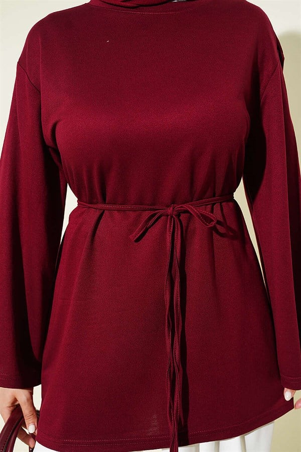 Loysa Wide-Sleeved Tunic with Drawstring Belt, Burgundy