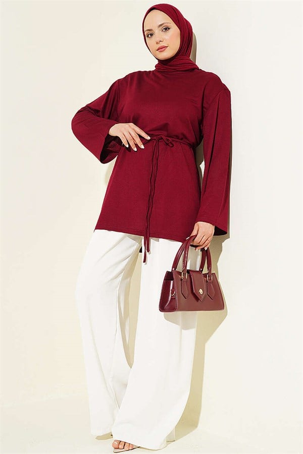 Loysa Wide-Sleeved Tunic with Drawstring Belt, Burgundy