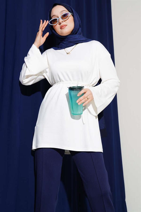 Loyşa Wide Sleeved Rope Belted Tunic Ecru