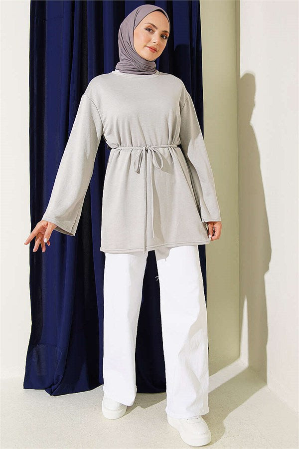 Loysa Wide-Sleeved Tunic with Drawstring Belt, Grey