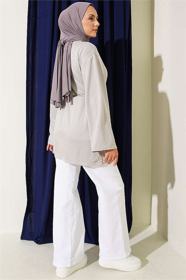 Loysa Wide-Sleeved Tunic with Drawstring Belt, Grey