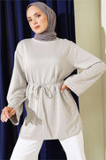 Loysa Wide-Sleeved Tunic with Drawstring Belt, Grey