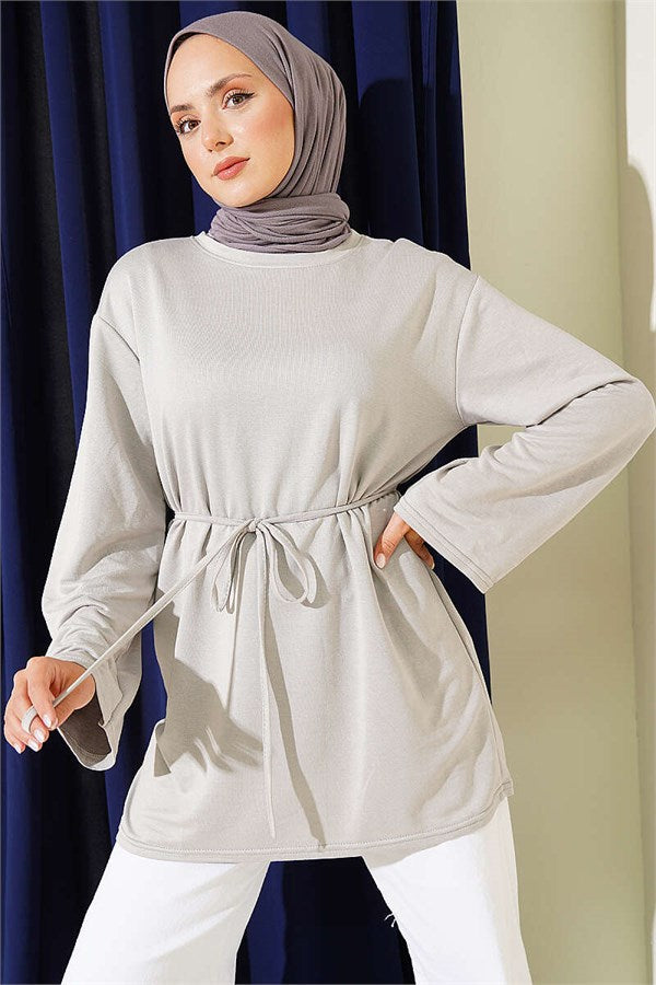 Loysa Wide-Sleeved Tunic with Drawstring Belt, Grey