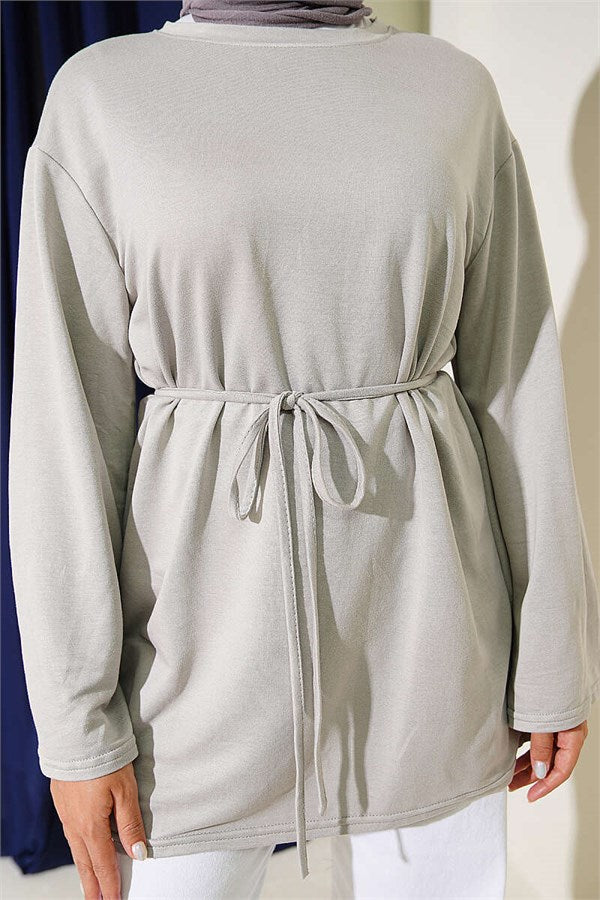 Loysa Wide-Sleeved Tunic with Drawstring Belt, Grey