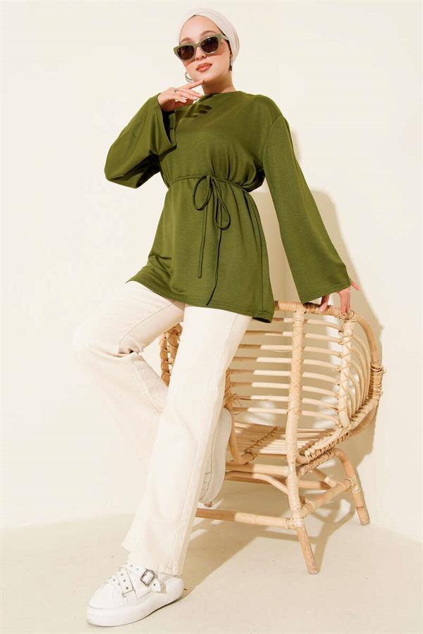 Loyşa Wide Sleeved Rope Belted Tunic Khaki