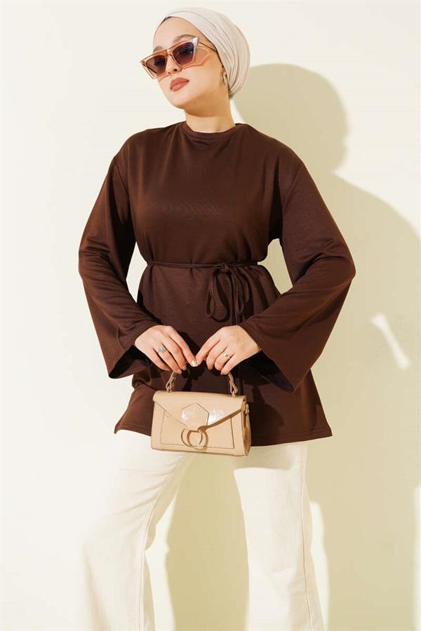 Loysha Wide Sleeved Rope Belted Tunic Brown