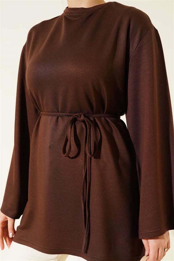 Loysha Wide Sleeved Rope Belted Tunic Brown