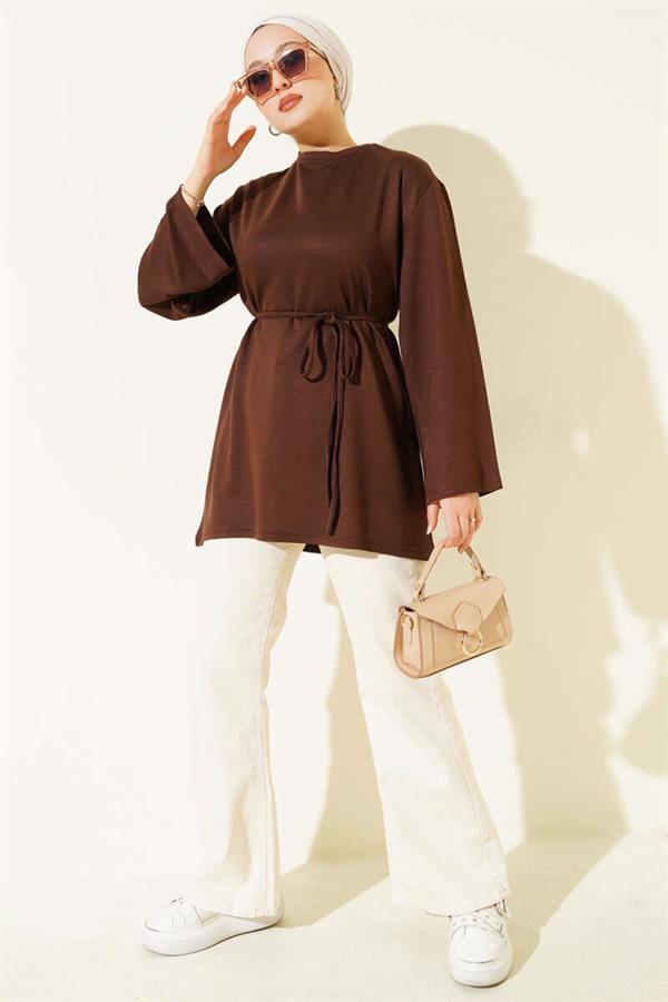 Loysha Wide Sleeved Rope Belted Tunic Brown