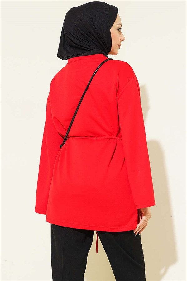 Loysa Wide-Sleeved Tunic with Drawstring Belt, Red