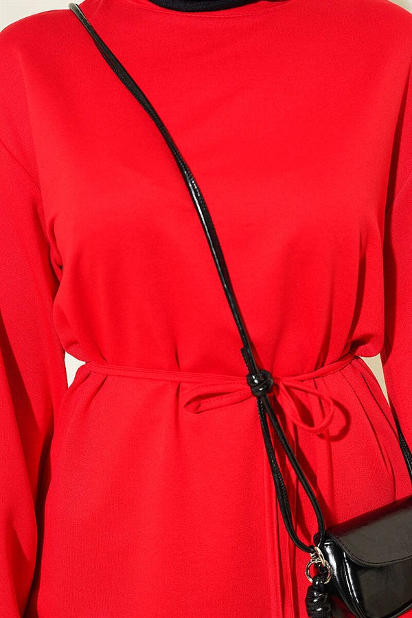 Loysa Wide-Sleeved Tunic with Drawstring Belt, Red