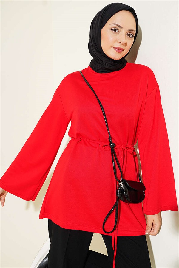 Loysa Wide-Sleeved Tunic with Drawstring Belt, Red