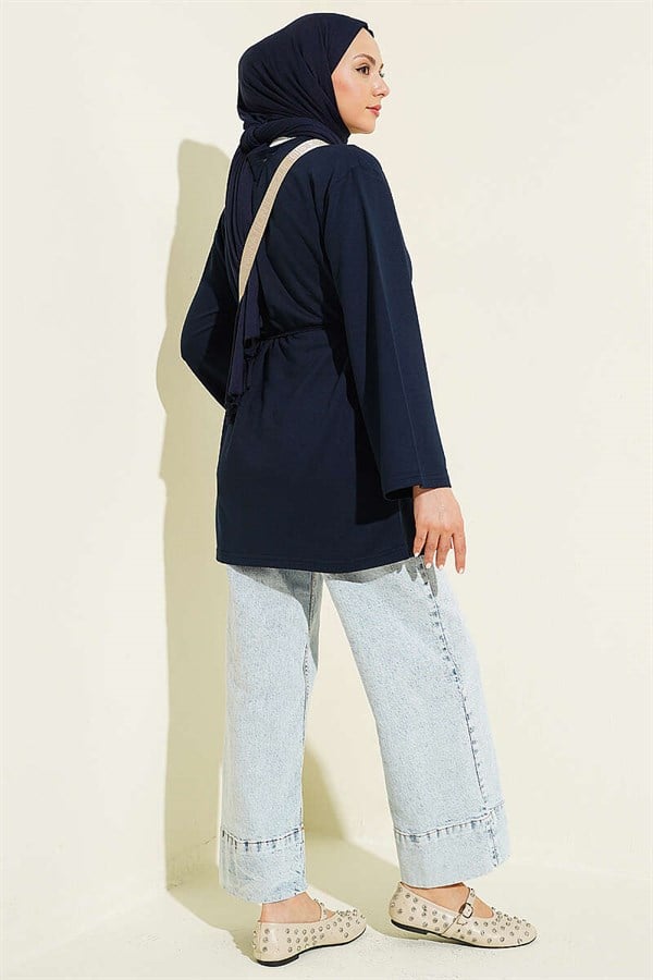 Loysa Wide-Sleeved Tunic with Drawstring Belt, Navy Blue