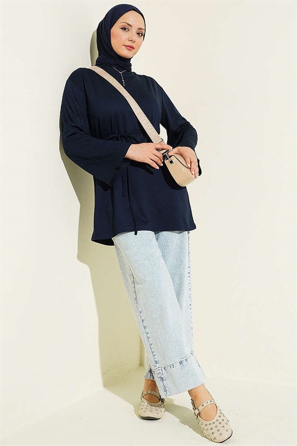 Loysa Wide-Sleeved Tunic with Drawstring Belt, Navy Blue