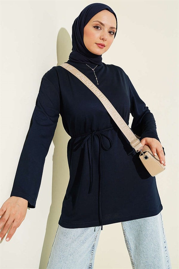 Loysa Wide-Sleeved Tunic with Drawstring Belt, Navy Blue