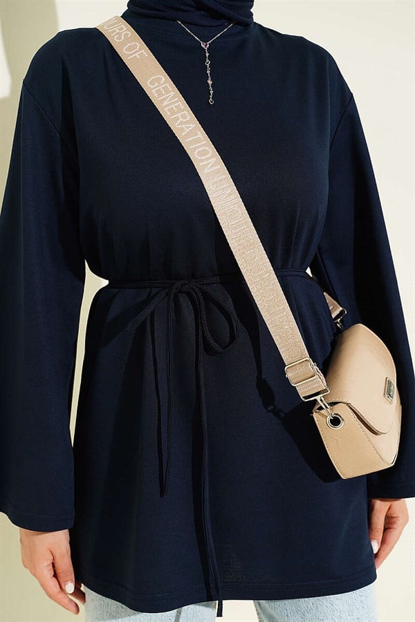 Loysa Wide-Sleeved Tunic with Drawstring Belt, Navy Blue