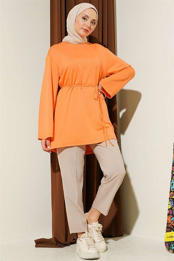 Loyşa Wide-Sleeved Tunic with Drawstring Belt, Orange
