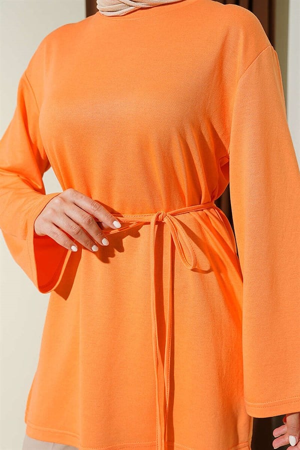 Loyşa Wide-Sleeved Tunic with Drawstring Belt, Orange