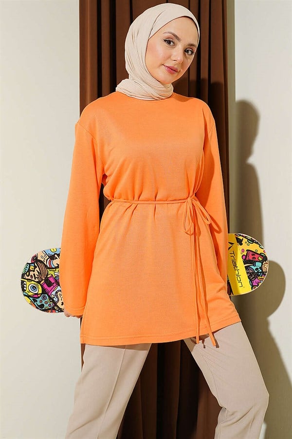 Loyşa Wide-Sleeved Tunic with Drawstring Belt, Orange