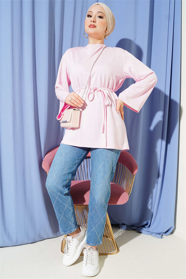 Loysa Wide-Sleeved Tunic with Drawstring Belt, Pink