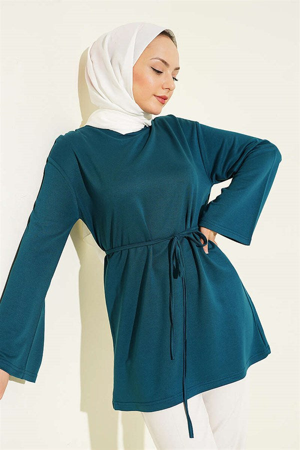 Loisha Wide-Sleeved Tunic with Drawstring Belt, Petrol