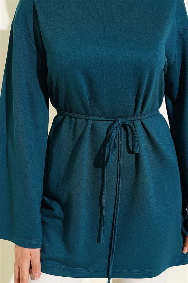 Loisha Wide-Sleeved Tunic with Drawstring Belt, Petrol