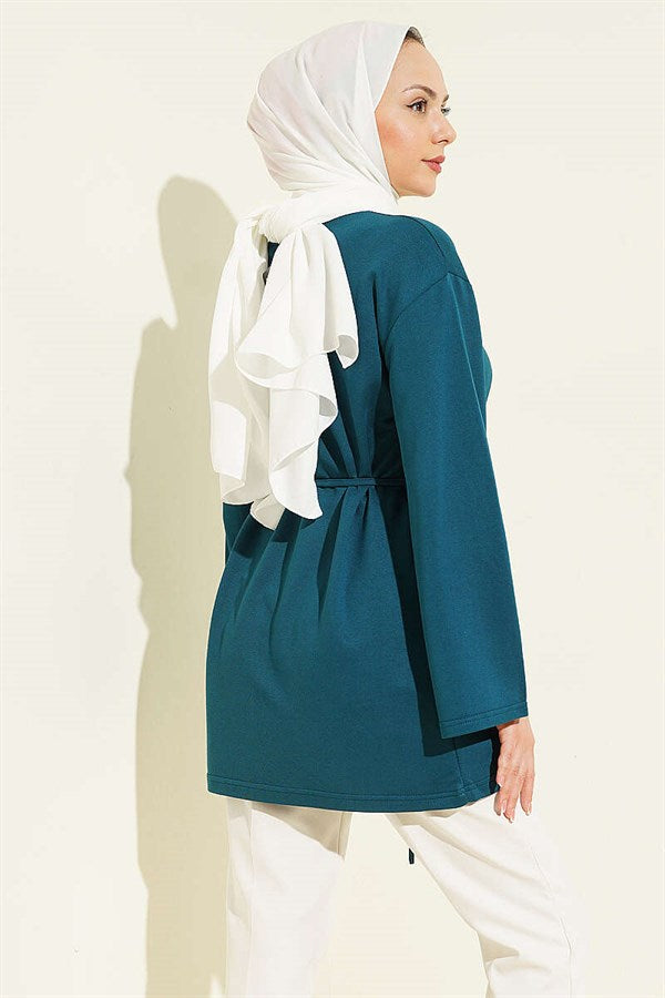 Loisha Wide-Sleeved Tunic with Drawstring Belt, Petrol