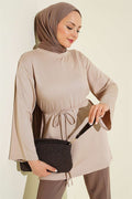 Loisha Wide-Sleeved Tunic with Drawstring Belt in Stone