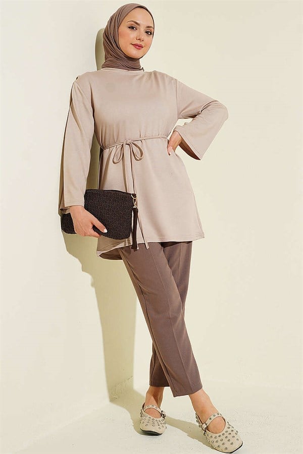 Loisha Wide-Sleeved Tunic with Drawstring Belt in Stone